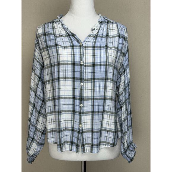 Loft Women’s Sz S Blue White Plaid V-Neck Ruffle Trim Crepe Texture Button Up - Picture 1 of 12